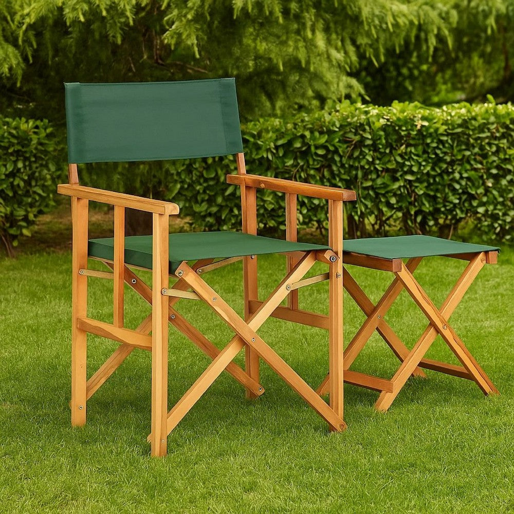 Outdoor Foldable Directors Chair, Brown Acacia Wood, Green Fabric