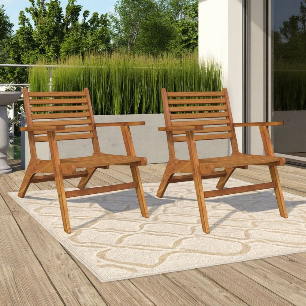 Outdoor Set of 2, Slatted Design, Acacia Wood, Brown Finish