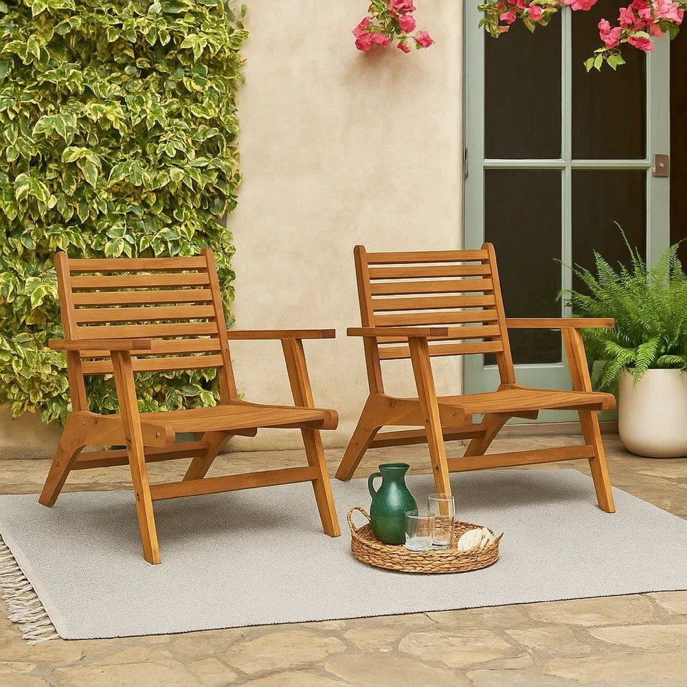 Outdoor Set of 2, Slatted Design, Acacia Wood, Brown Finish