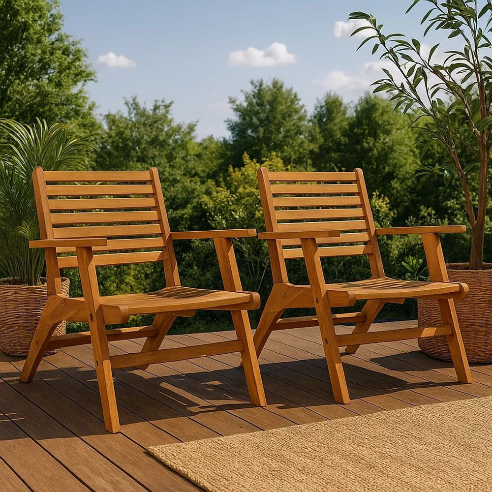 Outdoor Set of 2, Slatted Design, Acacia Wood, Brown Finish