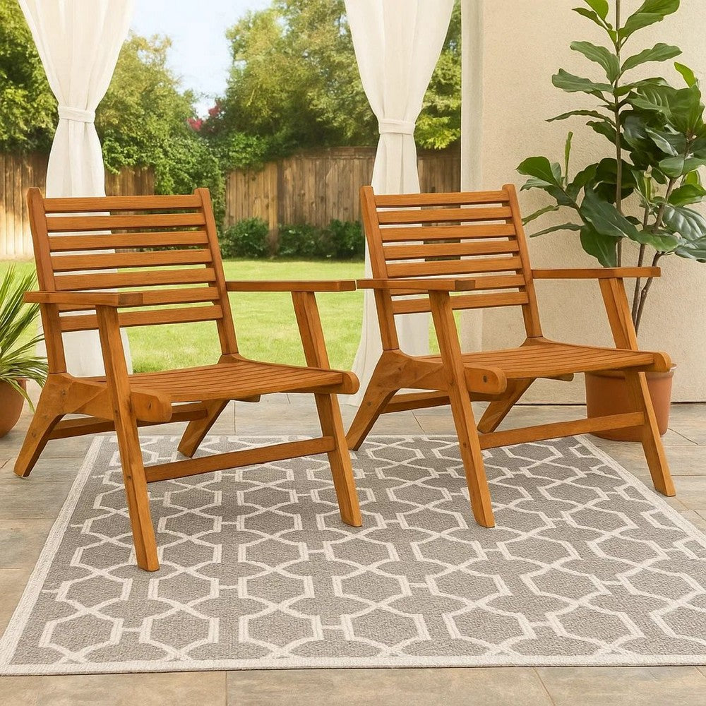 Outdoor Set of 2, Slatted Design, Acacia Wood, Brown Finish