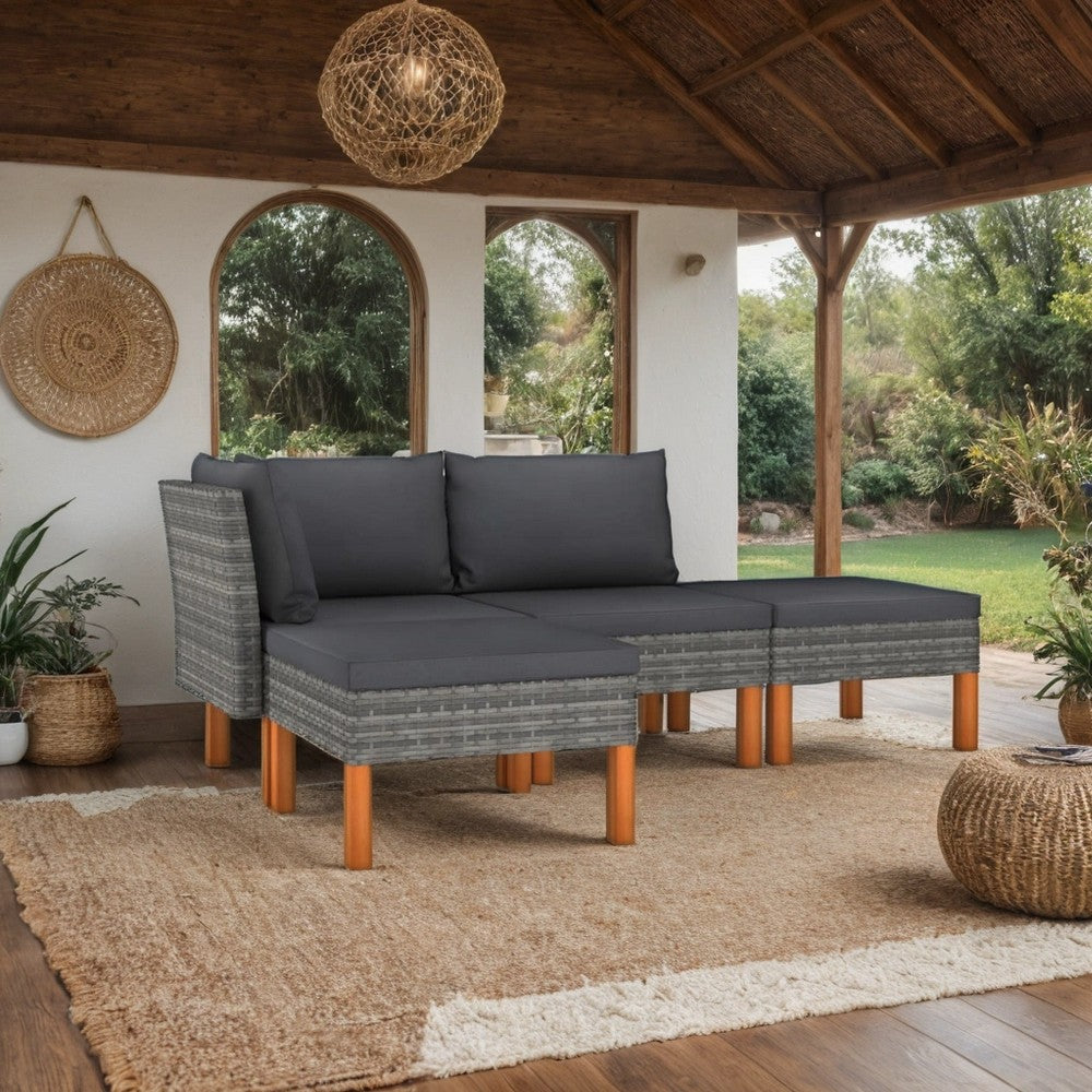 Feno 4pc Outdoor Modular Lounge Sofa Set, 2 Ottomans, Dark Gray Rattan