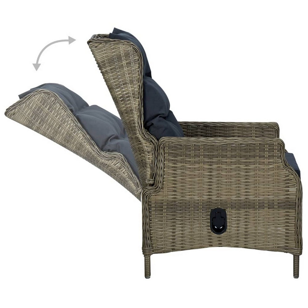 Outdoor Manual Reclining Chair, 2 Cushions, Brown Poly Rattan Woven