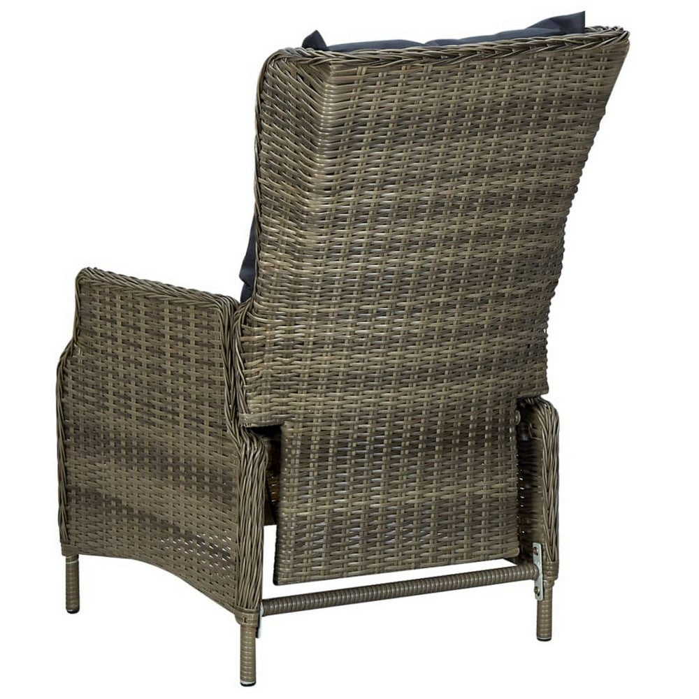 Outdoor Manual Reclining Chair, 2 Cushions, Brown Poly Rattan Woven