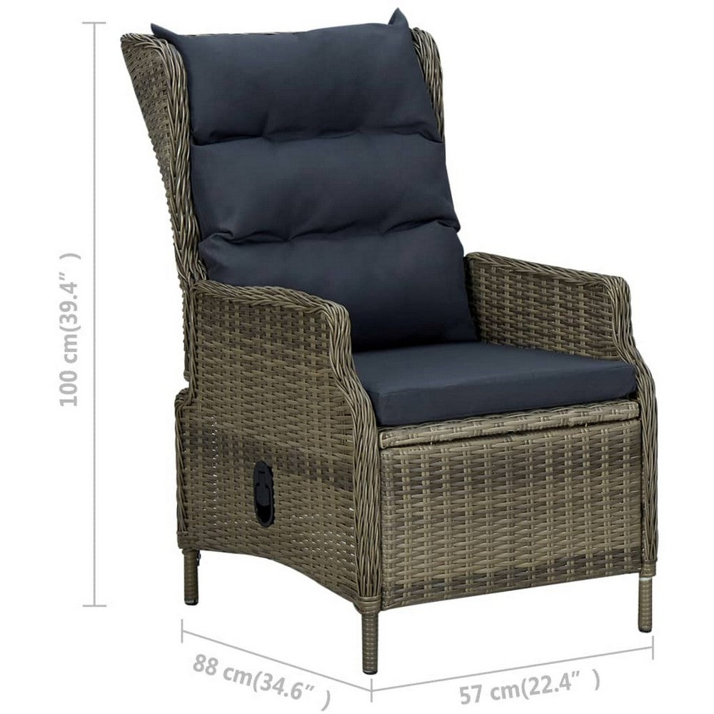 Outdoor Manual Reclining Chair, 2 Cushions, Brown Poly Rattan Woven