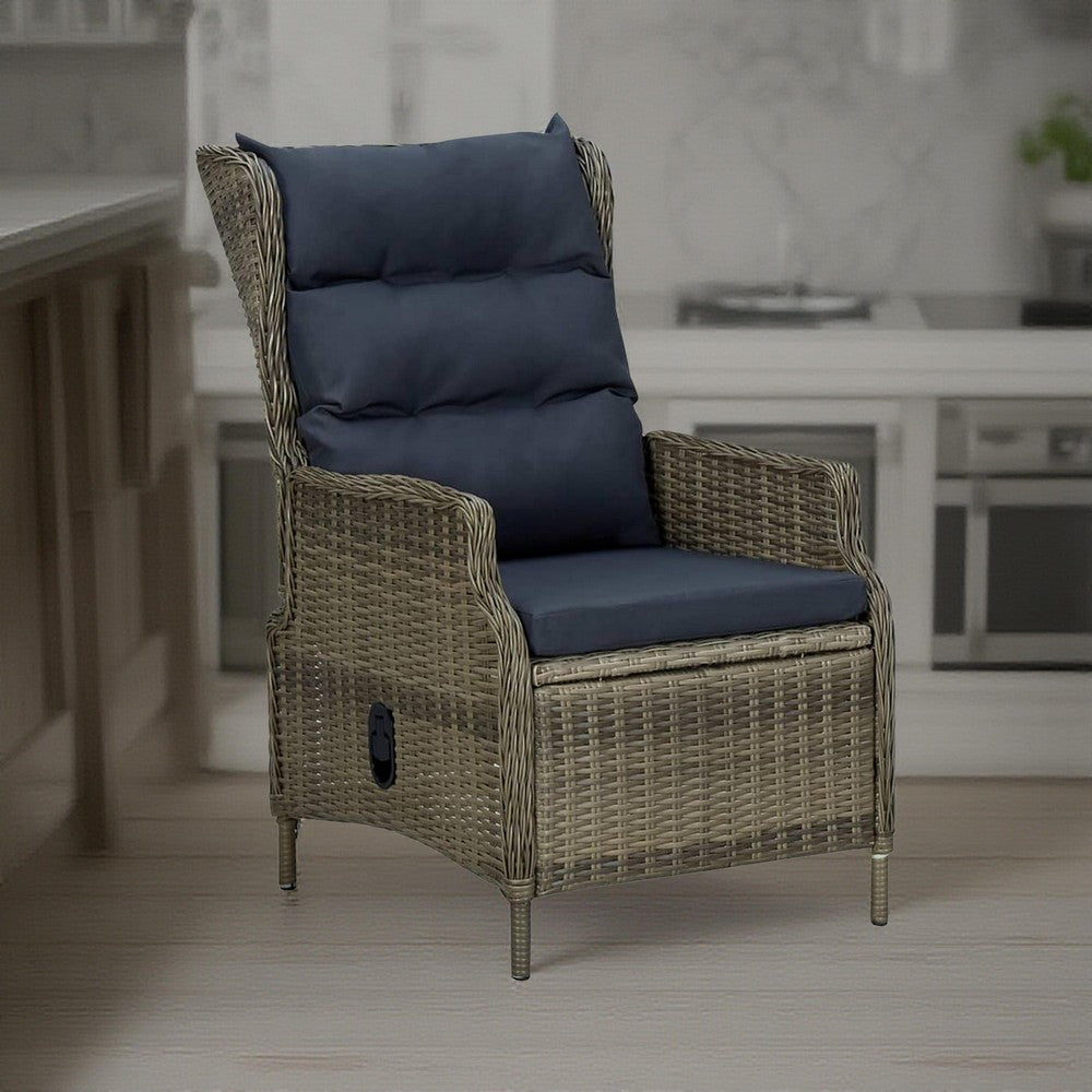 Outdoor Manual Reclining Chair, 2 Cushions, Brown Poly Rattan Woven