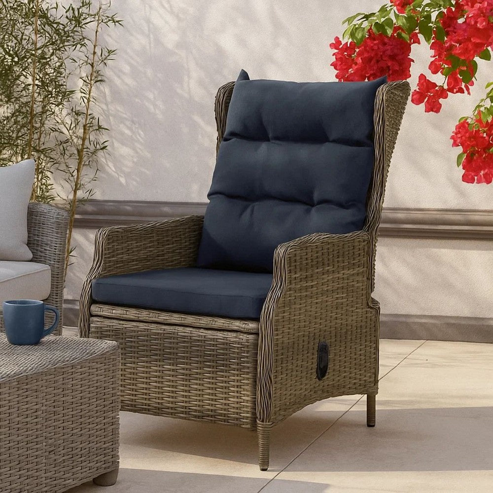 Outdoor Manual Reclining Chair, 2 Cushions, Brown Poly Rattan Woven