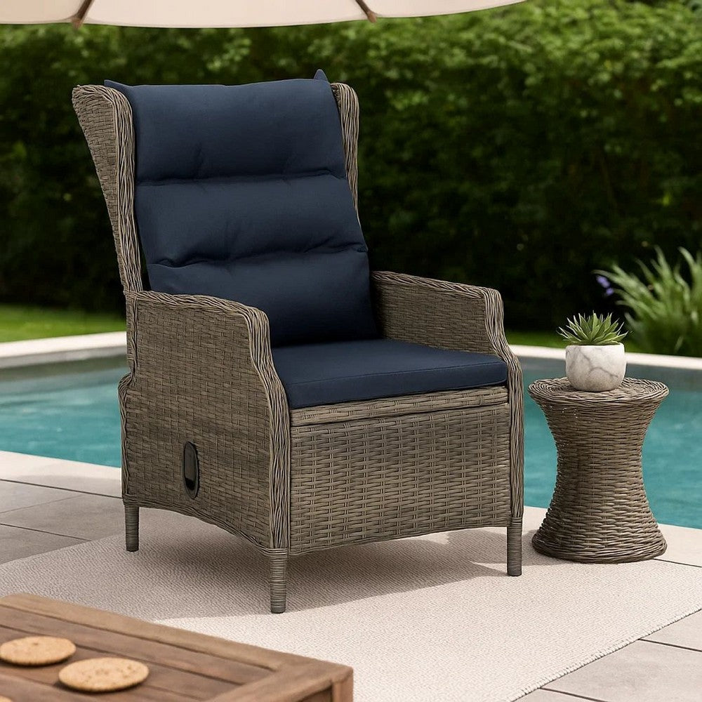 Outdoor Manual Reclining Chair, 2 Cushions, Brown Poly Rattan Woven