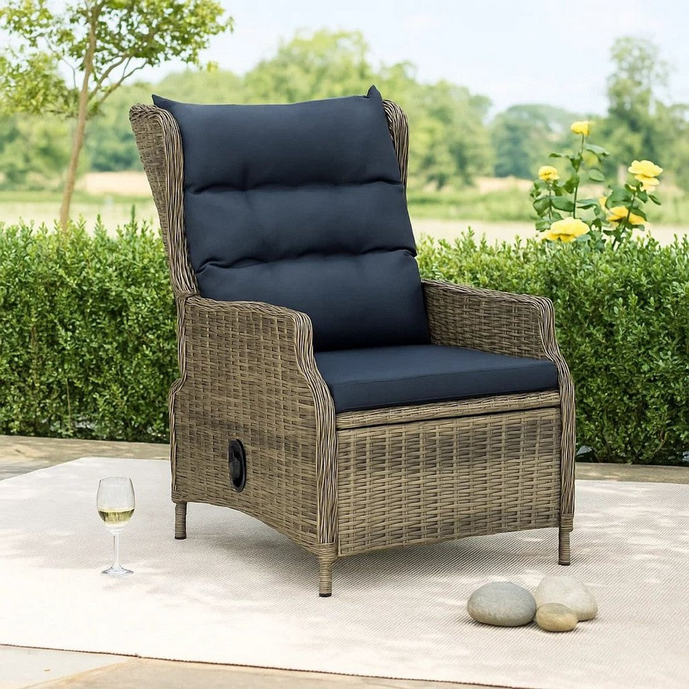 Outdoor Manual Reclining Chair, 2 Cushions, Brown Poly Rattan Woven