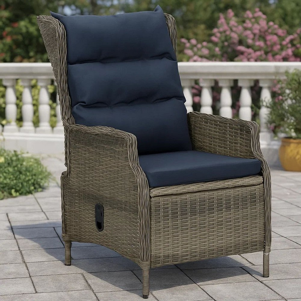 Outdoor Manual Reclining Chair, 2 Cushions, Brown Poly Rattan Woven