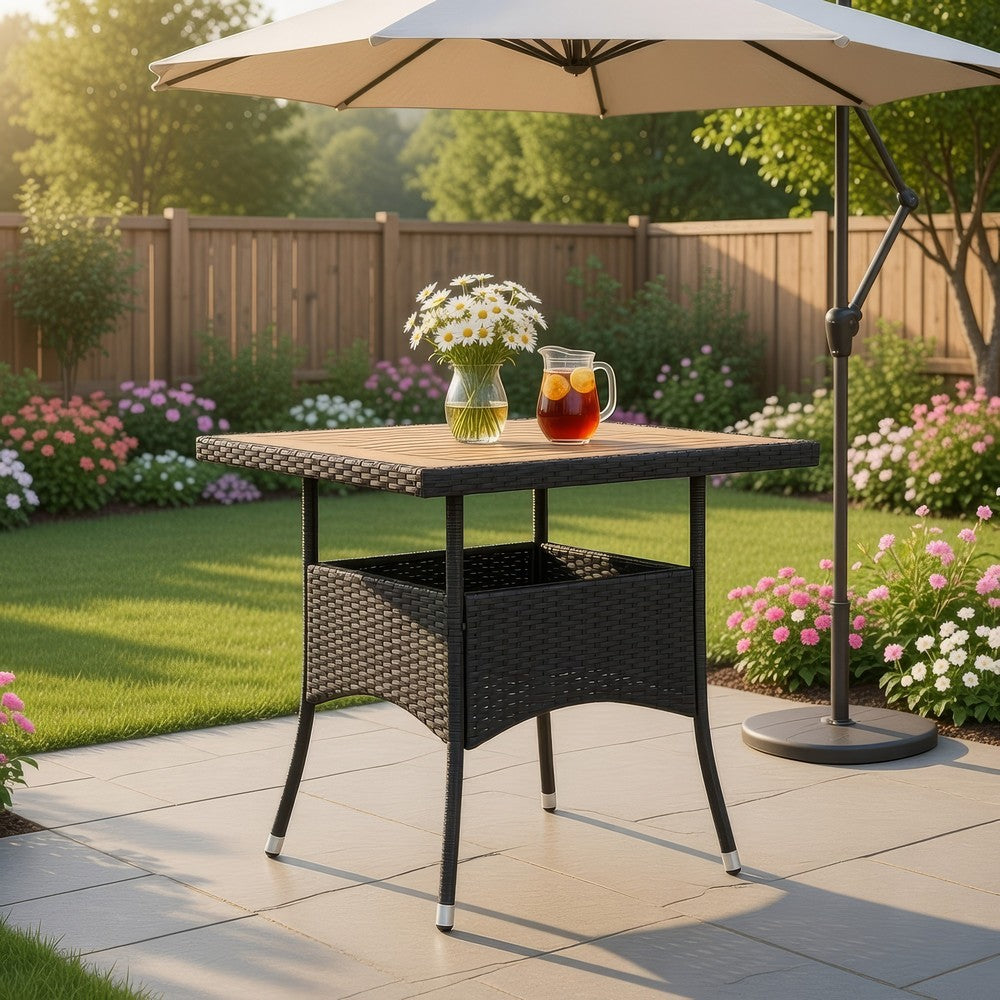 Outdoor Dining Table, 31" Square Acacia Wood Top, Black Rattan Base