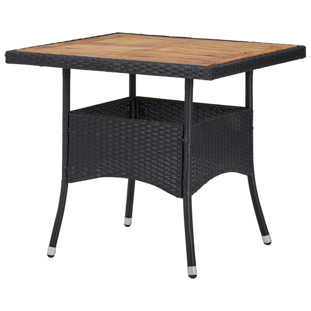 Outdoor Dining Table, 31" Square Acacia Wood Top, Black Rattan Base