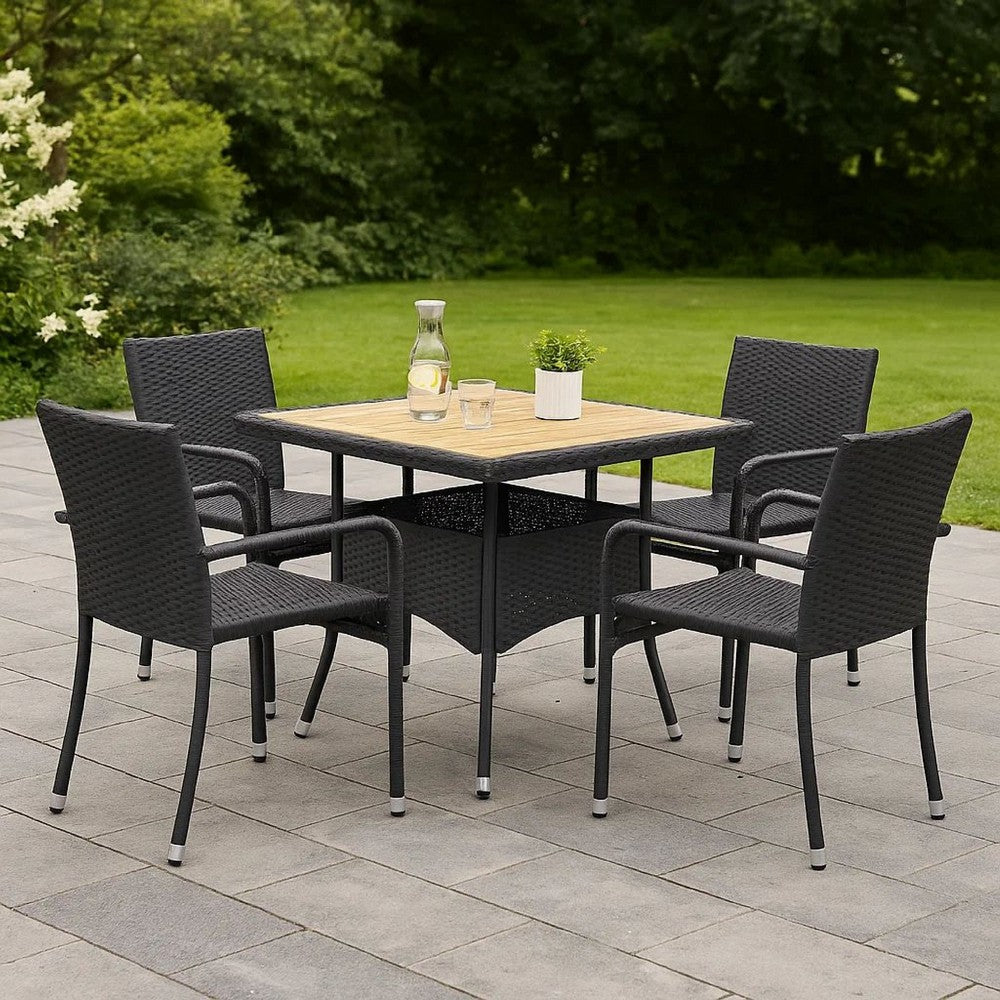 Outdoor Dining Table, 31" Square Acacia Wood Top, Black Rattan Base