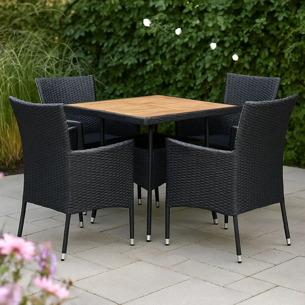 Outdoor Dining Table, 31" Square Acacia Wood Top, Black Rattan Base
