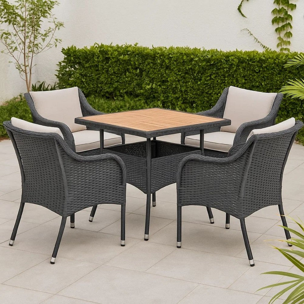 Outdoor Dining Table, 31" Square Acacia Wood Top, Black Rattan Base