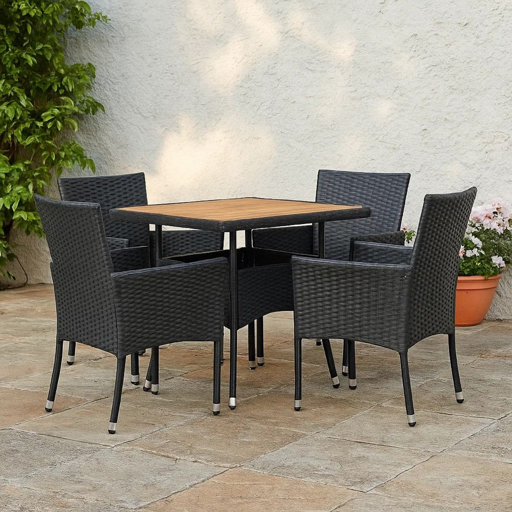 Outdoor Dining Table, 31" Square Acacia Wood Top, Black Rattan Base