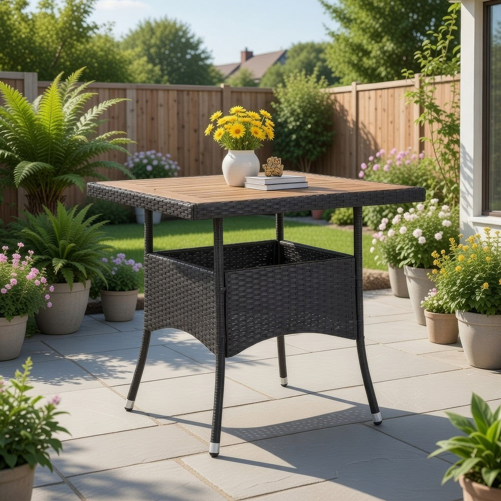 Outdoor Dining Table, 31" Square Acacia Wood Top, Black Rattan Base