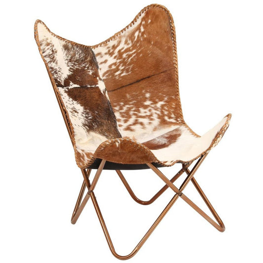 Modern Butterfly Accent Chair, Gold Metal Legs, White Brown Leather