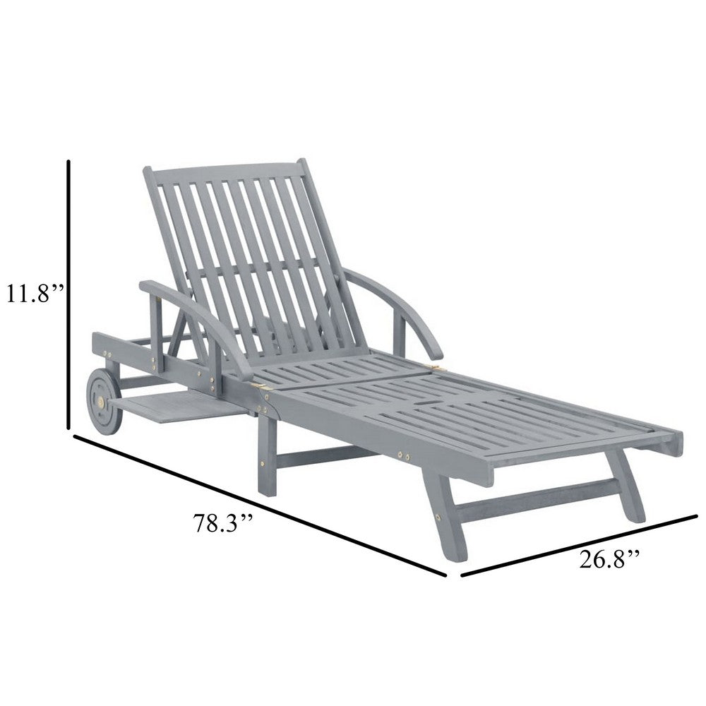 Outdoor Sun Chaise Lounger, Slatted Gray Acacia Wood Frame w Wheels