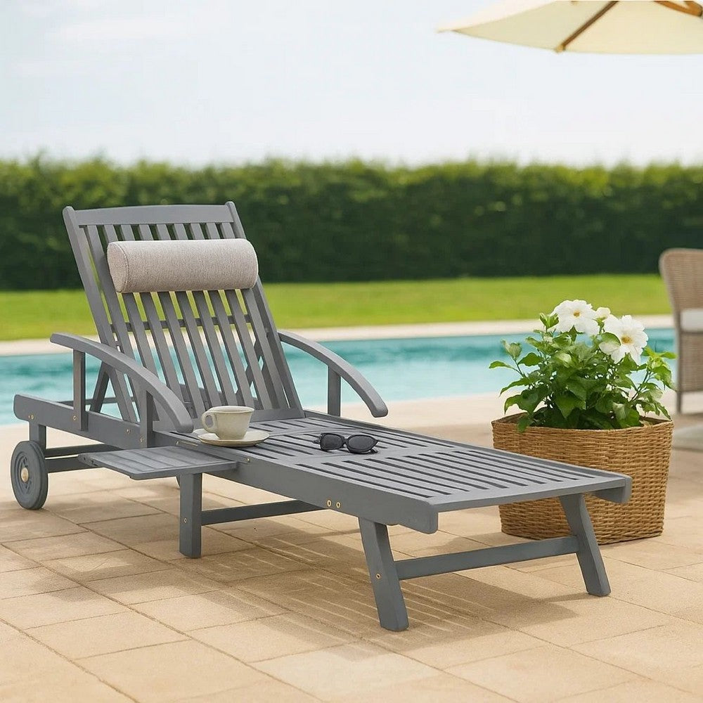 Outdoor Sun Chaise Lounger, Slatted Gray Acacia Wood Frame w Wheels