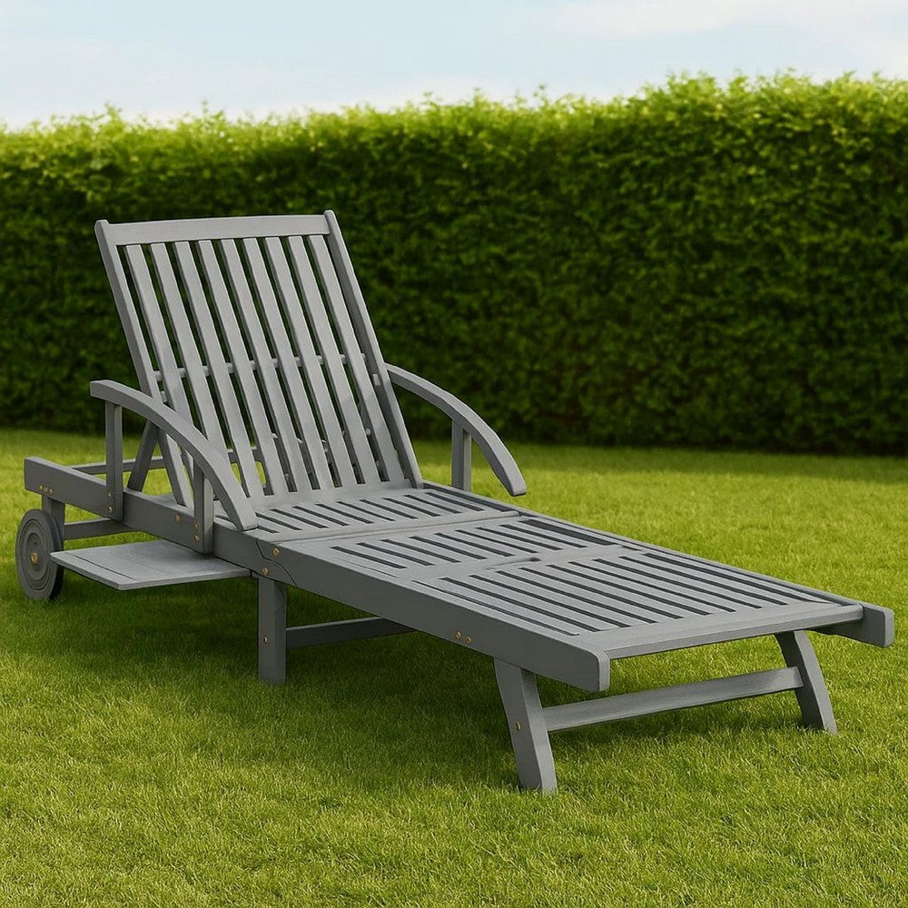 Outdoor Sun Chaise Lounger, Slatted Gray Acacia Wood Frame w Wheels