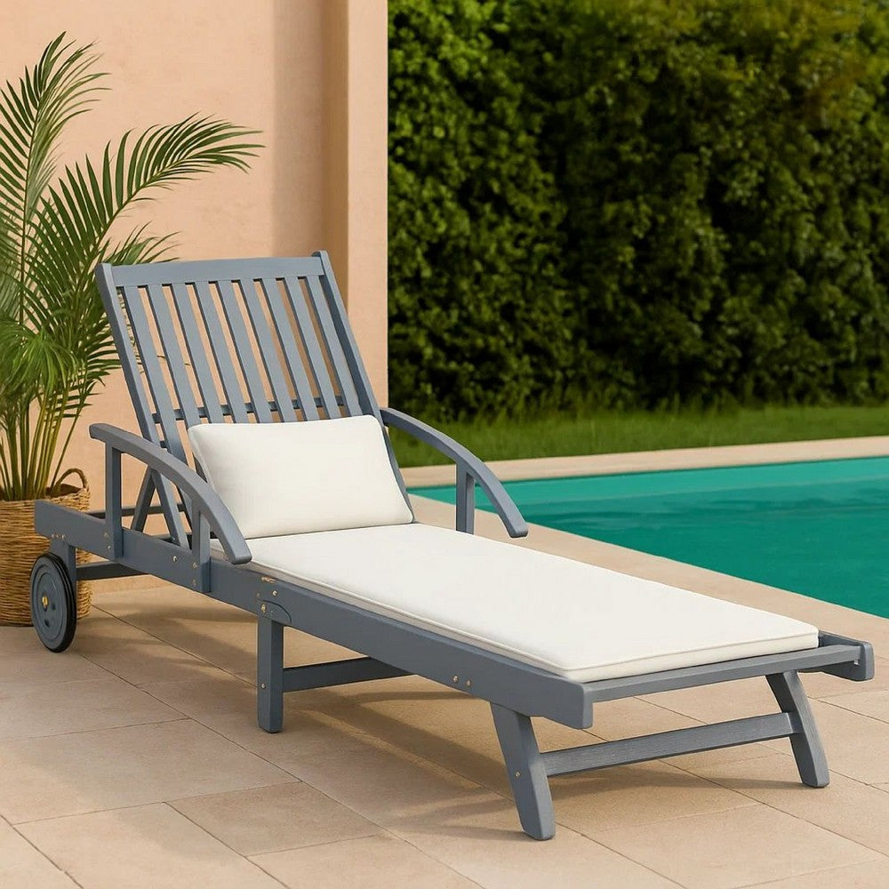 Outdoor Sun Chaise Lounger, Slatted Gray Acacia Wood Frame w Wheels