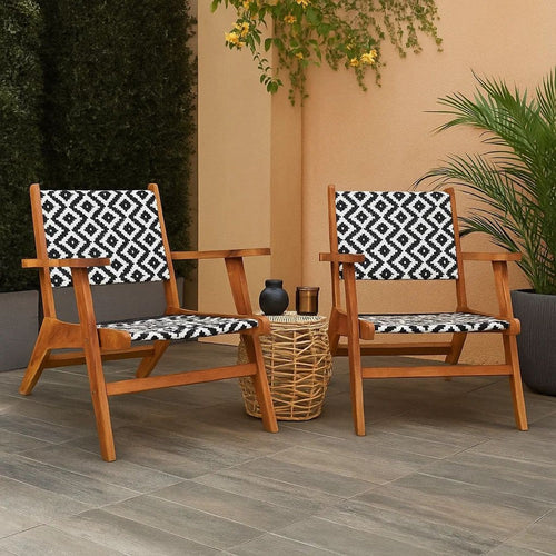 Outdoor Set of 2, Black White Print, Brown Solid Acacia Wood