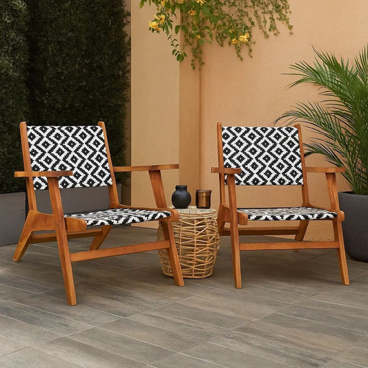 Outdoor Set of 2, Black White Print, Brown Solid Acacia Wood