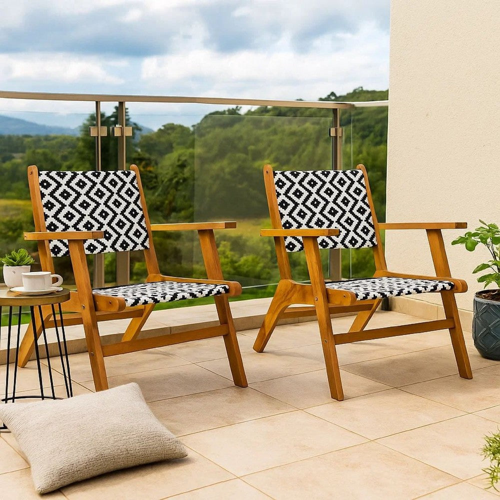 Outdoor Set of 2, Black White Print, Brown Solid Acacia Wood