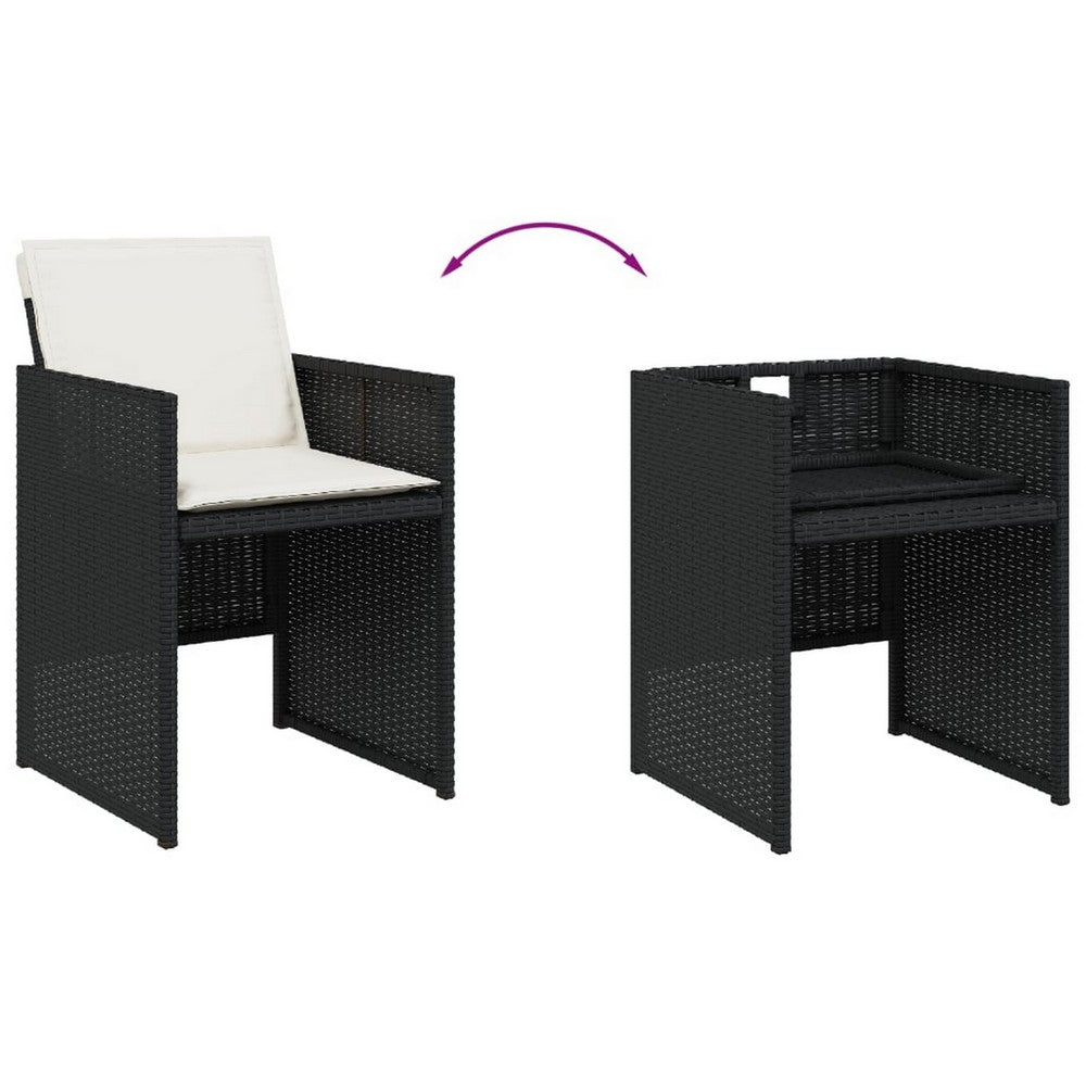 Outdoor Set of 4 with White Cushions, Black Rattan Woven Frame