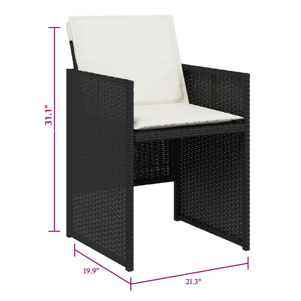Outdoor Set of 4 with White Cushions, Black Rattan Woven Frame