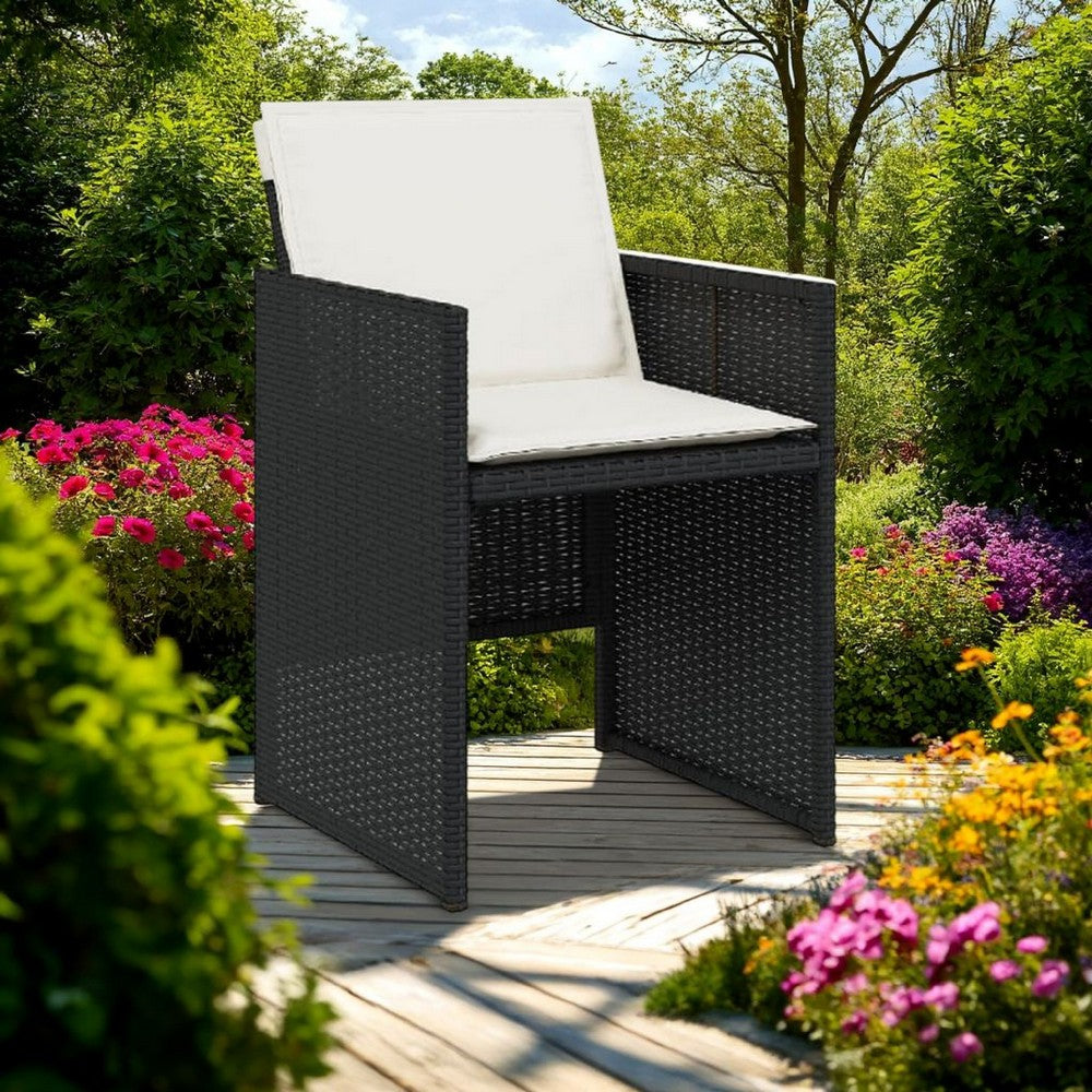 Outdoor Set of 4 with White Cushions, Black Rattan Woven Frame