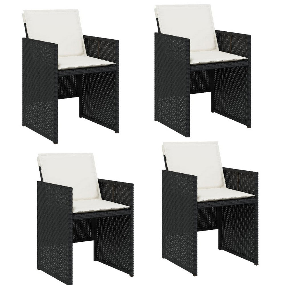 Outdoor Set of 4 with White Cushions, Black Rattan Woven Frame