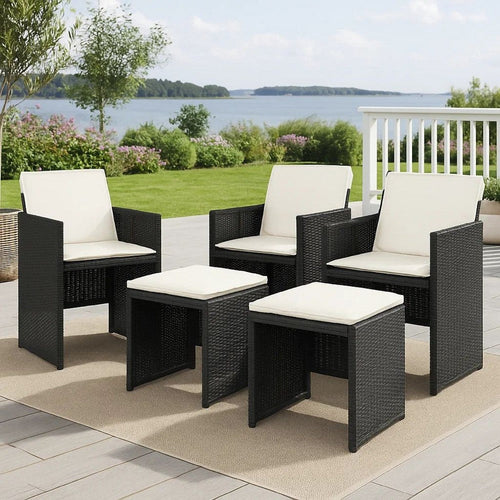 Outdoor Set of 4 with White Cushions, Black Rattan Woven Frame