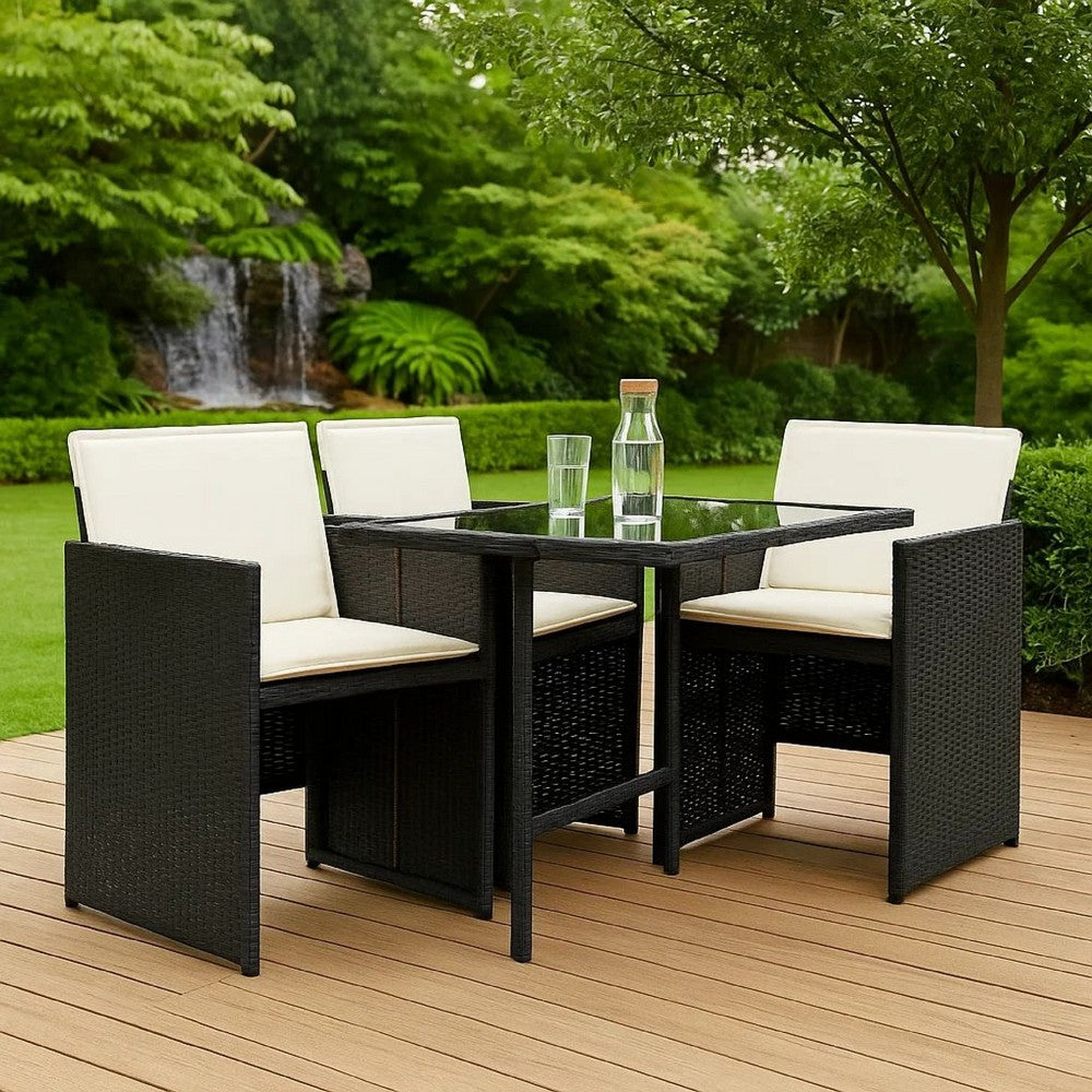 Outdoor Set of 4 with White Cushions, Black Rattan Woven Frame