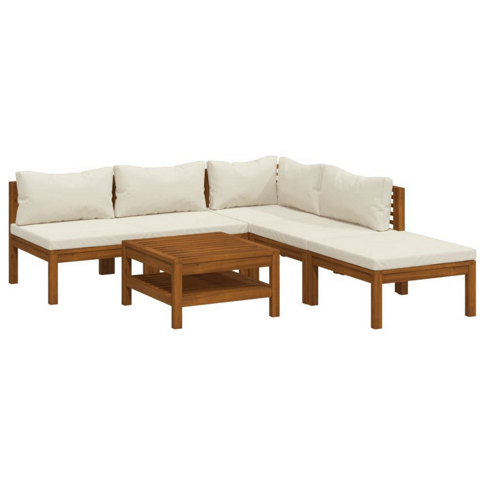 Lave 6pc Outdoor Modular L Sofa Set, Ivory Cushions, Wood Coffee Table