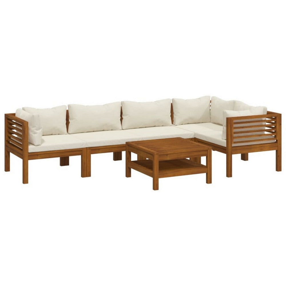 Lave 6pc Outdoor Modular L Sofa Set, Ivory, Brown Wood Coffee Table