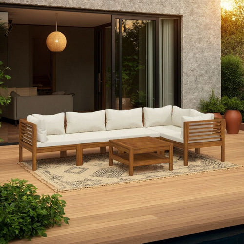 Lave 6pc Outdoor Modular L Sofa Set, Ivory, Brown Wood Coffee Table
