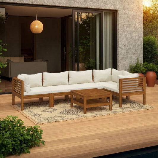 Lave 6pc Outdoor Modular L Sofa Set, Ivory, Brown Wood Coffee Table