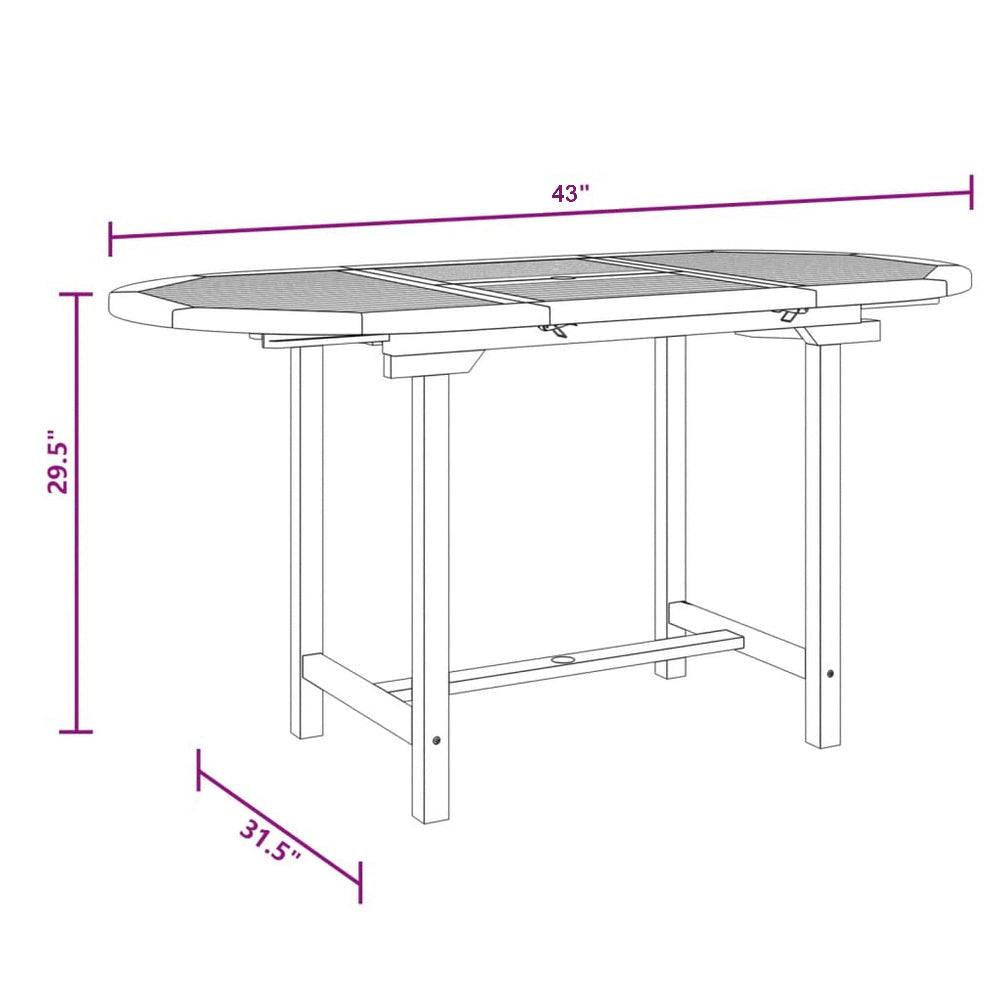 Outdoor Dining Table 43-63 Inch Extendable Oval Top Sanded Teak Wood BM326344