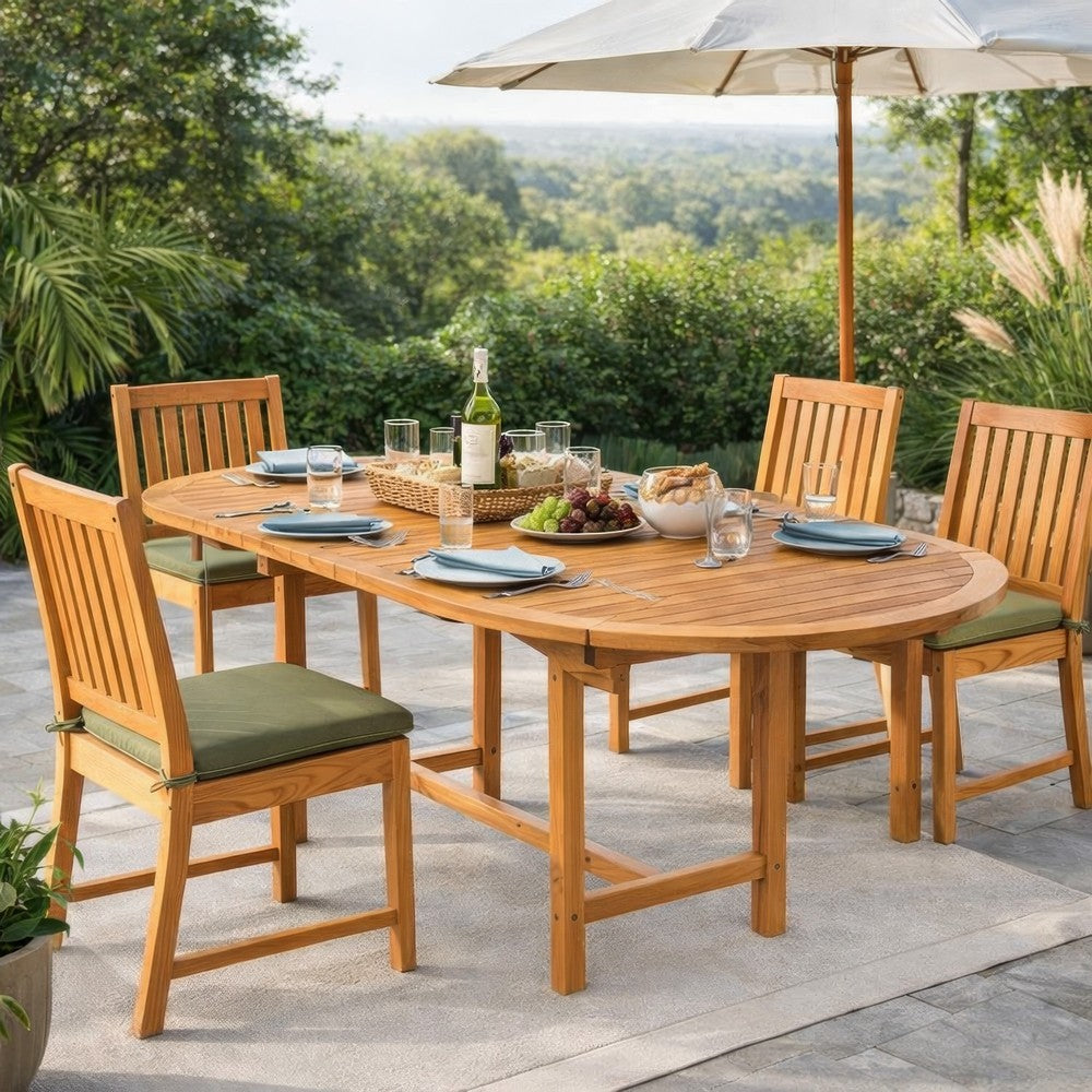 Outdoor Dining Table, 43-63 Inch Extendable Oval Top, Sanded Teak Wood