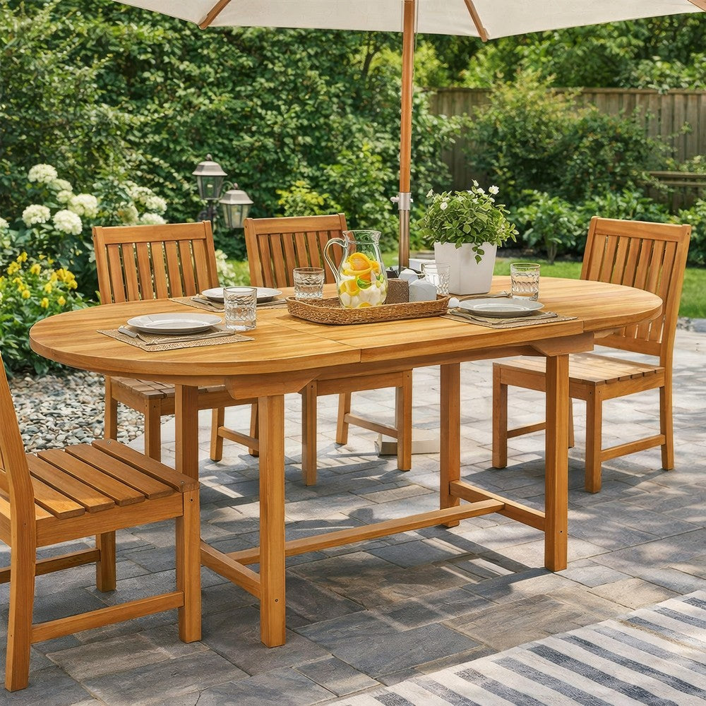 Outdoor Dining Table, 43-63 Inch Extendable Oval Top, Sanded Teak Wood
