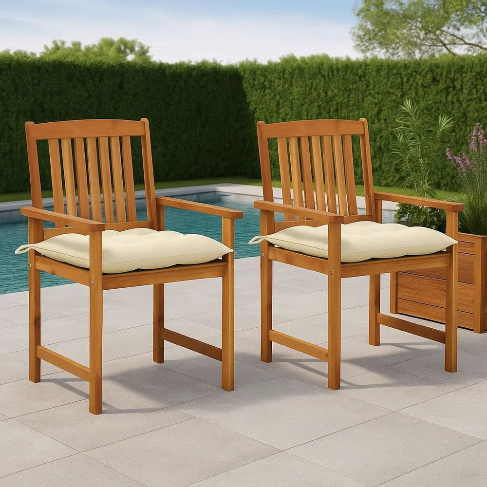 Blaire Outdoor Accent Chairs, Set of 2, Acacia Wood, Cream Cushions