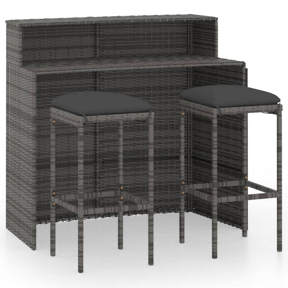 Rusel 3pc Outdoor Bar Table and Stool Set, Gray Poly Rattan, Polyester