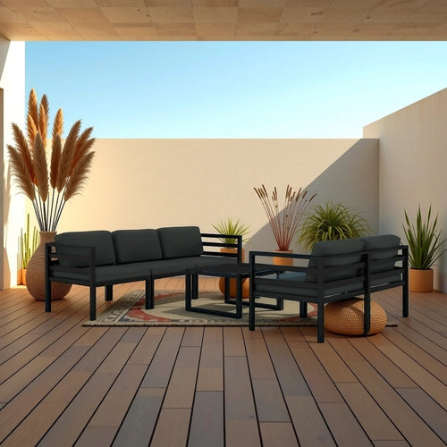 Shina 6pc Outdoor Modular Sofa and Table Set, Black, Gray Cushions