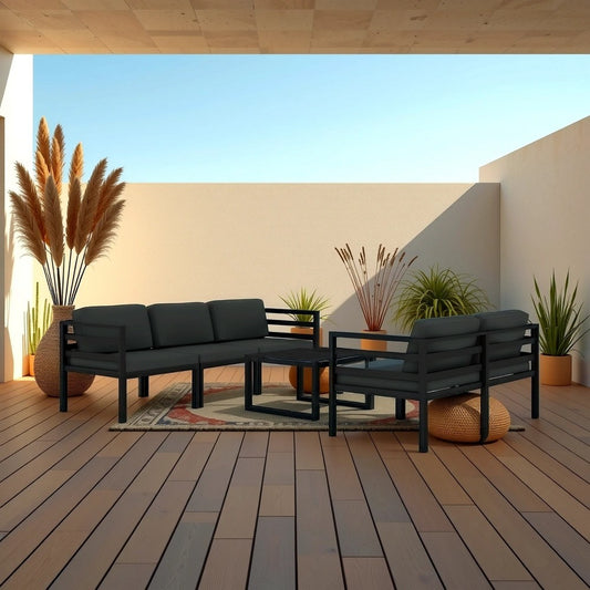 Shina 6pc Outdoor Modular Sofa and Table Set, Black, Gray Cushions