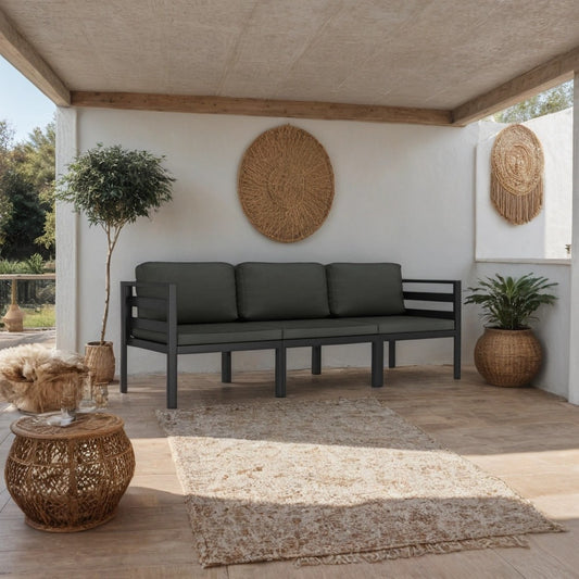 Shina 3pc Outdoor Modular Sofa Set, Black Metal, Dark Gray Cushions