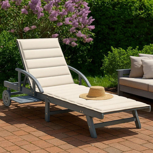 Kaye Outdoor Sun Lounger, 79" Gray Acacia Wood Frame, Cream Polyester