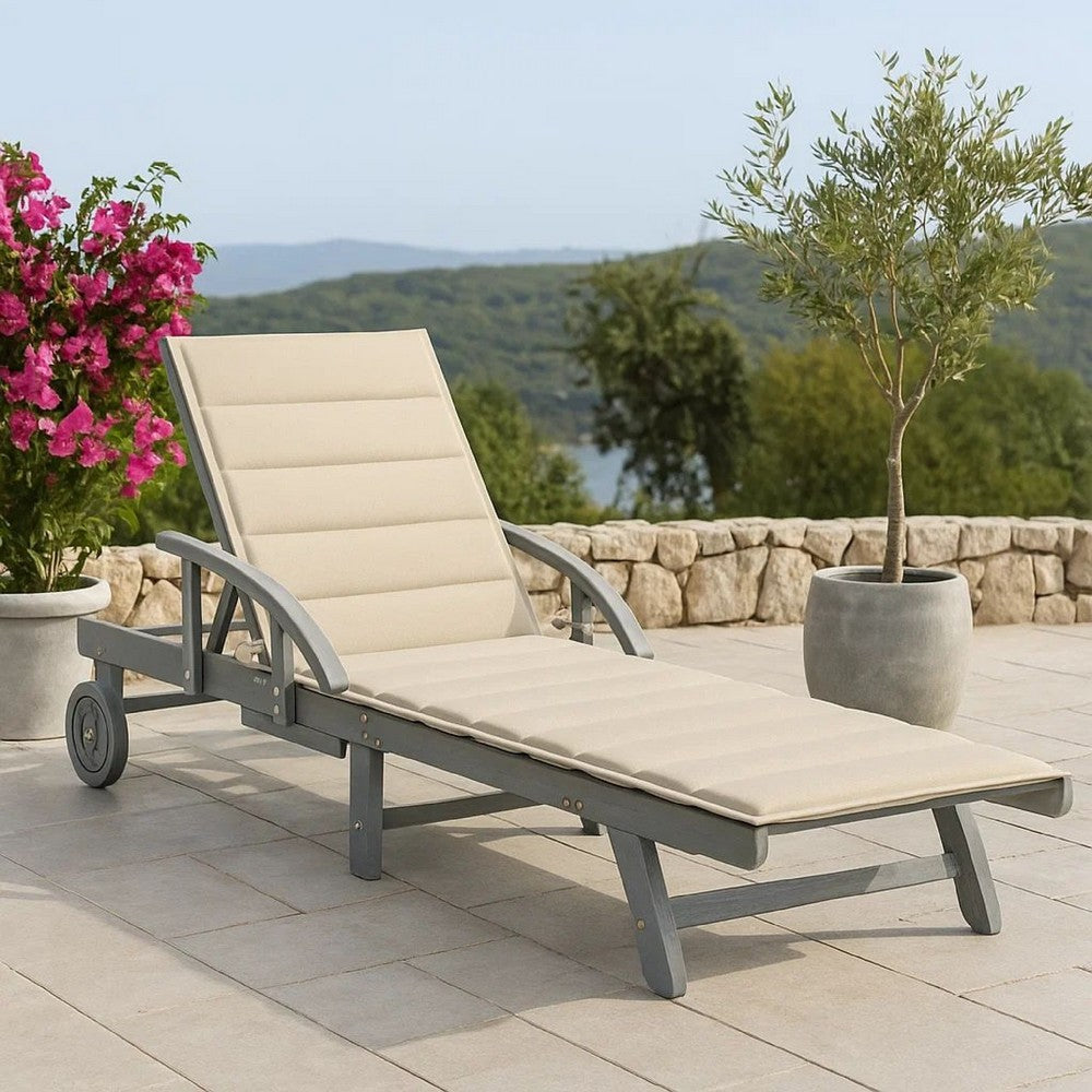 Kaye Outdoor Sun Lounger, 79" Gray Acacia Wood Frame, Cream Polyester