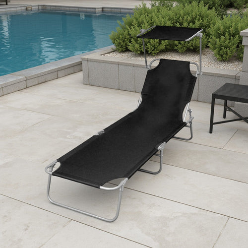Outdoor Foldable Sun Chaise Lounger with Canopy, 74" Steel, Black